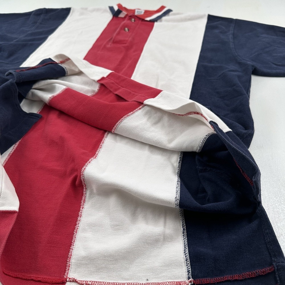 VTG Colorblock Polo Shirt Men Large Short Sleeve Red Blue Vertical Stripes Y2K - Picture 7 of 10